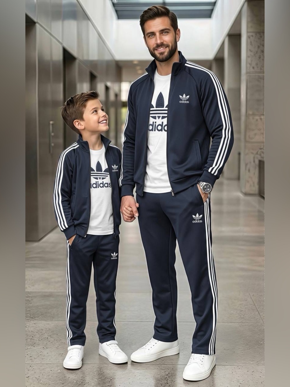 Dad and son set adidas Kids Navy & White 3‑Stripe Joggers